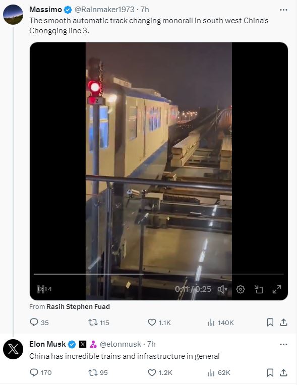 重庆3号线自动变轨看呆外国网友 马斯克赞叹：中国基建令人难以置信！