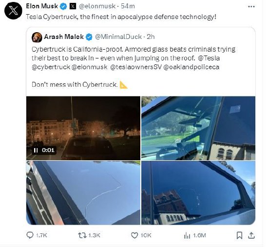 马斯克称Cybertruck是最好的末日防御技术！