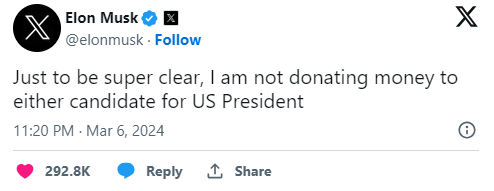 懂王“金主梦”破灭？马斯克澄清：不会给任何总统候选人捐款！