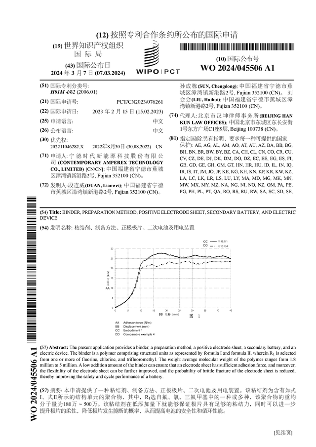 宁德时代公布国际专利申请：“粘结剂、制备方法、正极极片、二次电池及用电装置”