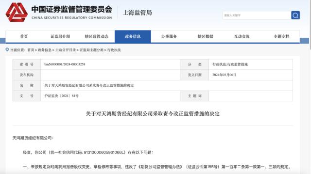 天鸿期货公司违规任用高管，连收五张罚单