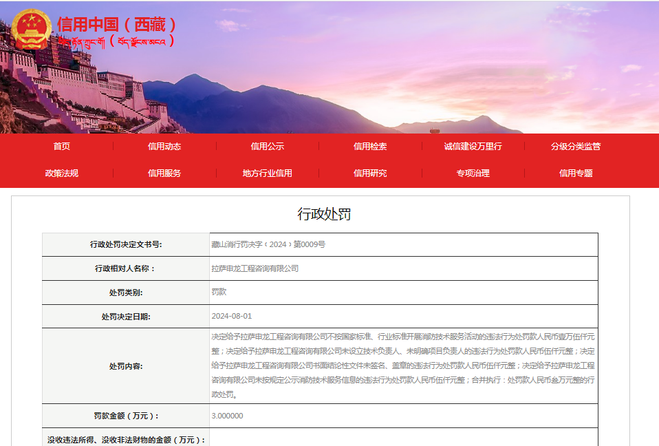 拉萨申龙工程咨询有限公司被罚款 3 万元