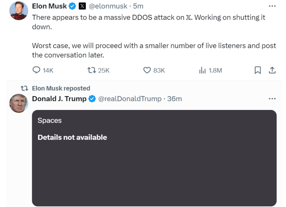马斯克称X平台正遭受大规模DDOS网络攻击，与特朗普访谈未编辑音频将在稍后发布