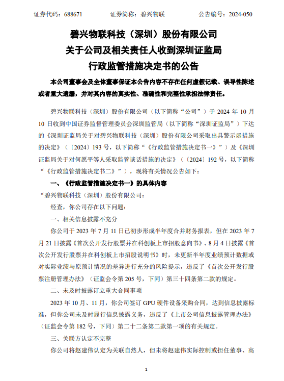 碧兴物联收到监管罚单：招股书隐瞒中期业绩，上市后业绩就变脸，如今已亏损；“火速上市”被质疑