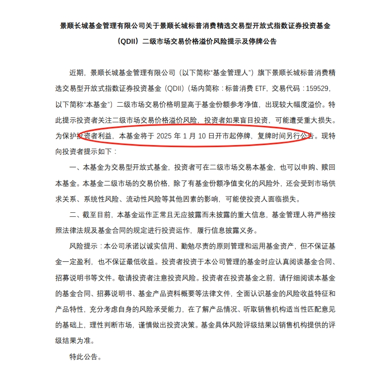 A股罕见！疯狂的资金将ETF基金炒至停牌，标普消费ETF溢价高达51.82%，明起停牌