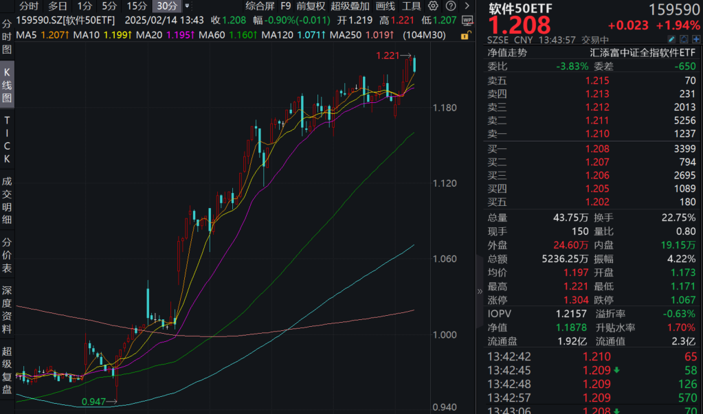 DeepSeek行情再起，拓维信息涨停，软件50ETF(159590)涨近3%，盘中价格打平上市以来新高！行情能否持续？基金经理火速发声