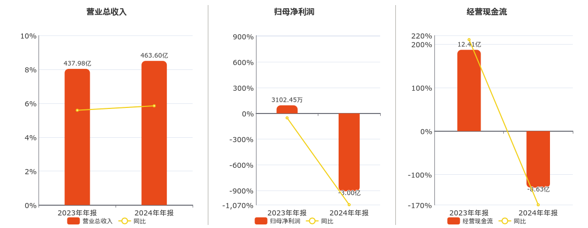 宝胜股份(600973.SH)：2024年年报净利润为-3.00亿元，同比由盈转亏