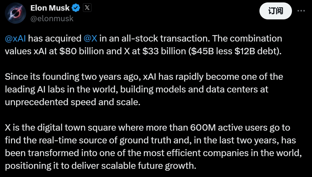 千亿AI巨头再添一员：马斯克宣布xAI收购X平台，估值合计1130亿美元