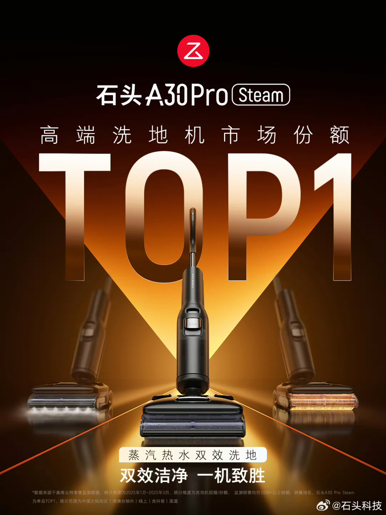 洗地机“双冠王”诞生！石头科技斩获一机多用及高端市场份额第一