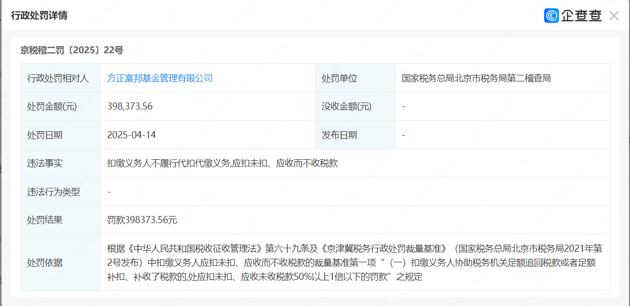 方正富邦基金收近40万元税务罚单，财务负责人邹小兵此前竟从未专职公募同类岗位