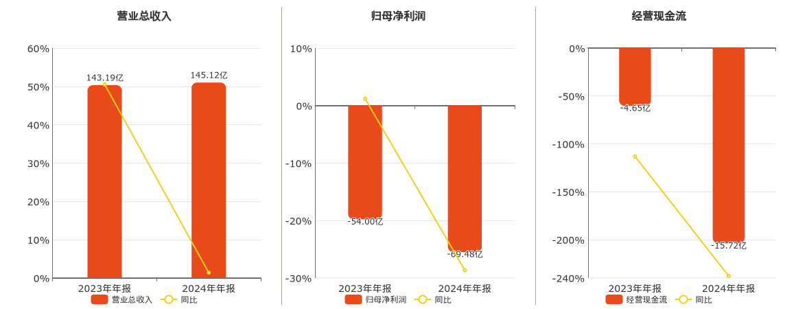 北汽蓝谷(600733.SH)：2024年年报净利润为-69.48亿元，同比亏损放大