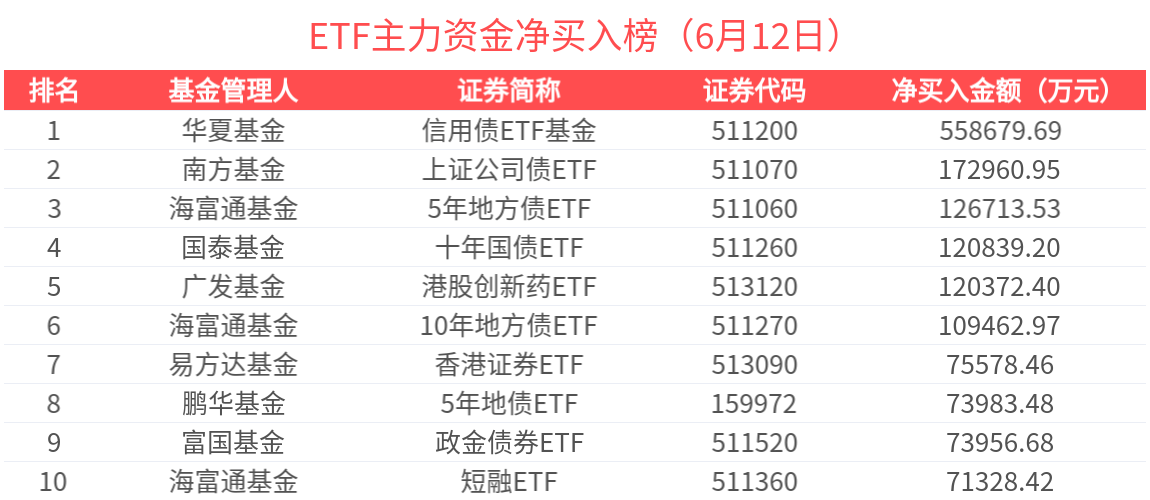 ETF主力榜 | 港股通创新药ETF(159570)获主力资金加速买入，信用债ETF基金(511200)受主力关注-20250612
