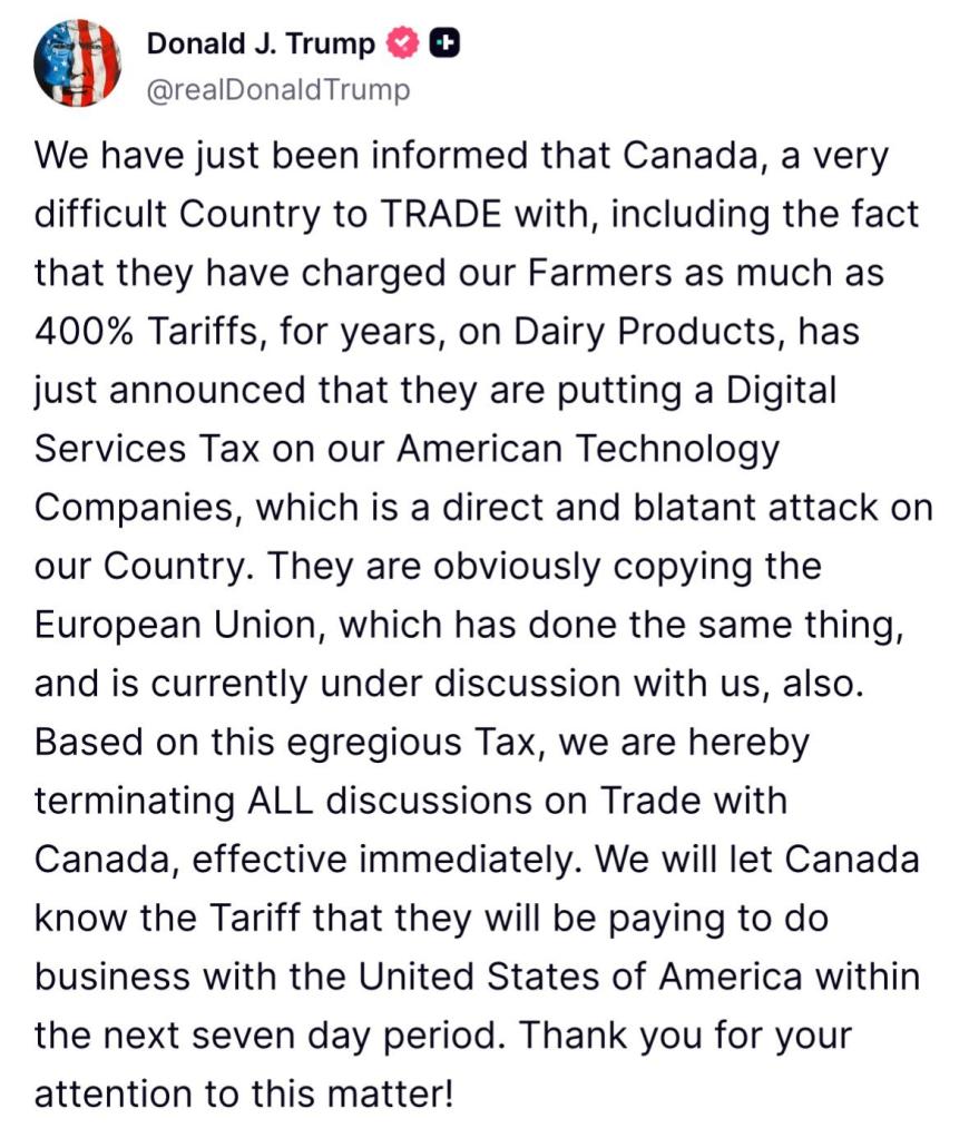 威胁征收新关税！特朗普中断与加拿大的贸易谈判，已停止所有解除针对伊朗制裁的工作