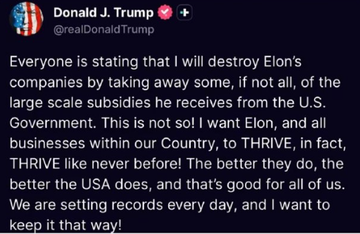 特斯拉暴跌8%后，特朗普向马斯克表达善意​​​：大家都在说我会搞垮Elon的公司，其实根本不是这么回事