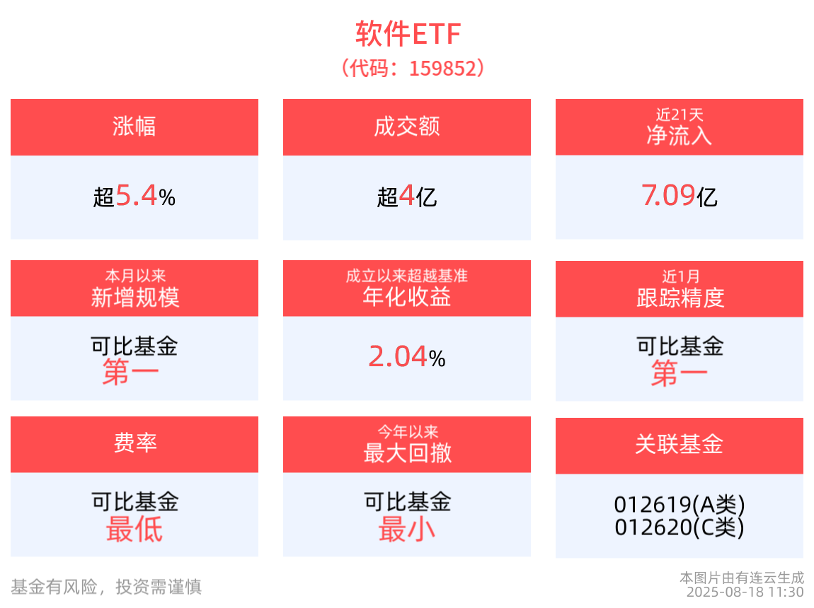 软件ETF(159852)半日收涨5.45%，成分股指南针20cm涨停