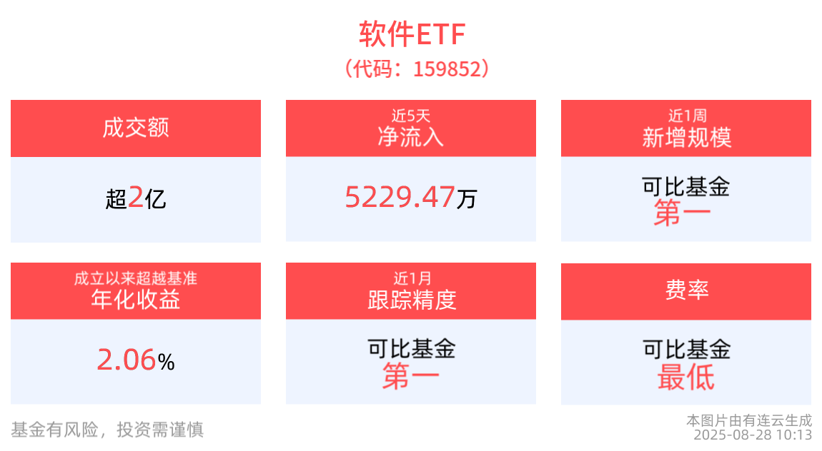 近1周日均成交同类居首，软件ETF(159852)近5日“吸金”超5200万元