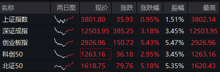 创业板指涨超5%，沪指收复3800点，全市场超4500只个股上涨，新能源产业链全面爆发