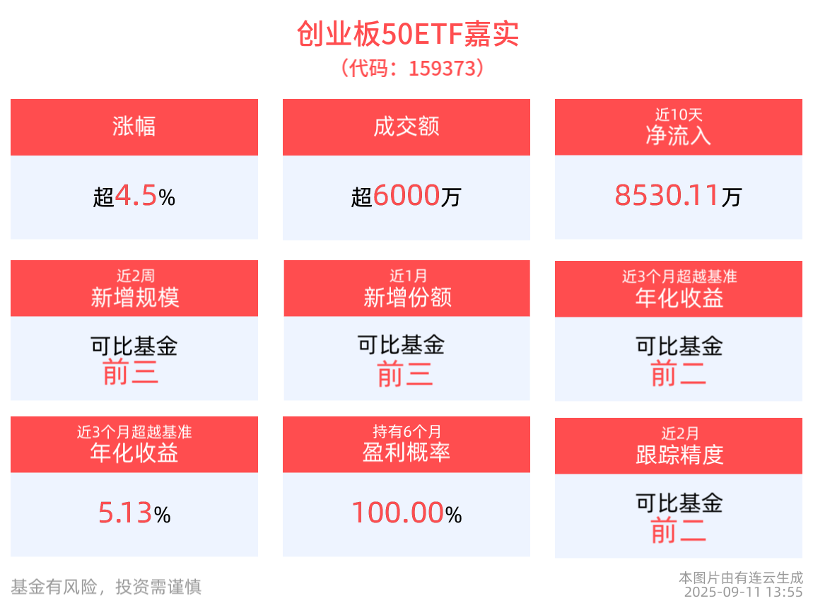 创业板50ETF嘉实(159373)盘中涨超4%，权重股中际旭创、新易盛涨超12%