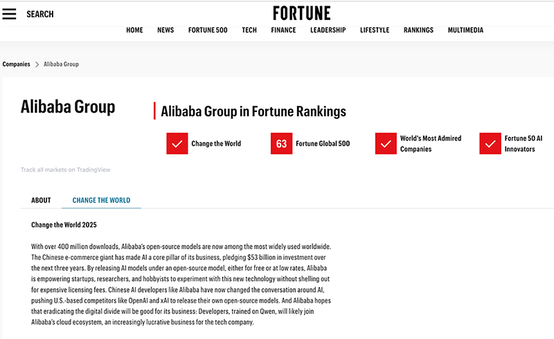 七次上榜！因积极推动AI开源，阿里巴巴再登《财富》“改变世界”榜单