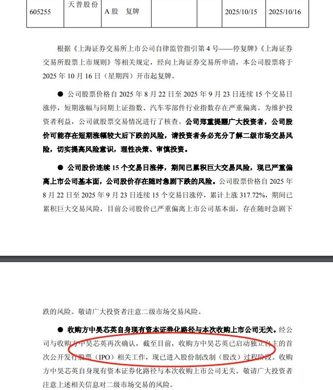 在被关进“小黑屋”10个交易日后，上演“三进宫”的15连板妖股被放出来了！天普股份明日复牌，中昊芯英已启动IPO相关工作