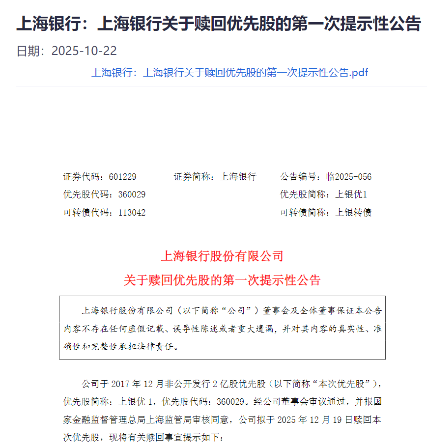上海银行拟赎回全部200亿元优先股