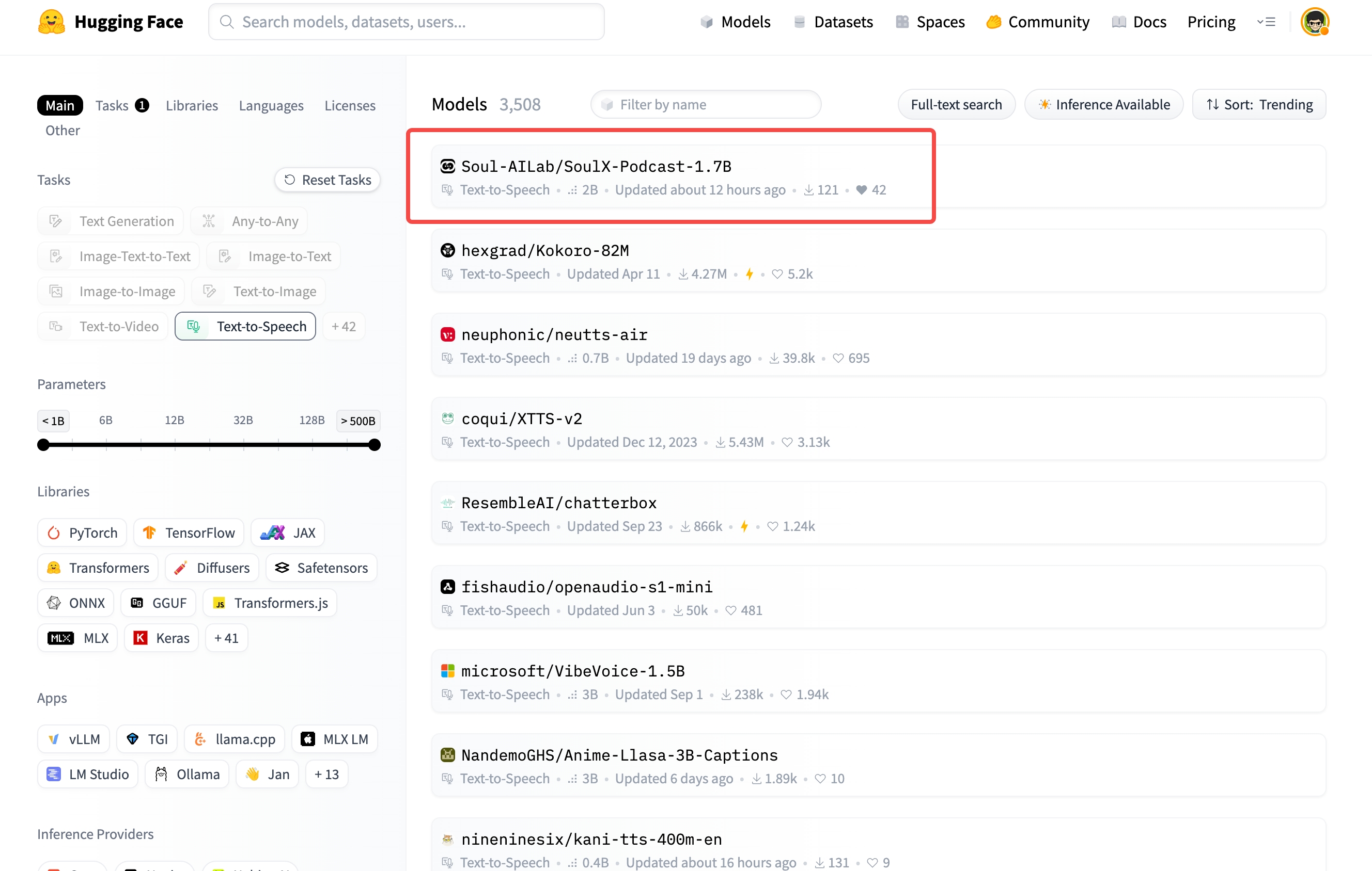Soul App开源模型SoulX-Podcast登顶全球最大AI开源社区TTS趋势榜