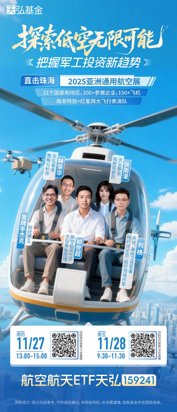 珠海航展周四周五连场直播！航空航天ETF天弘(159241)助力探索低空无限可能，把握军工投资新趋势