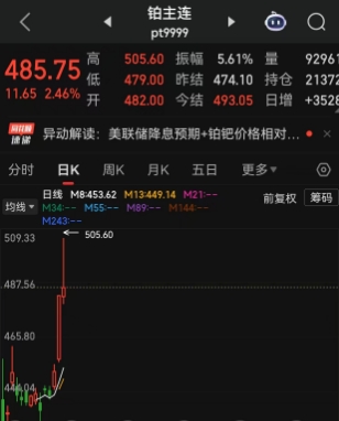连续两日大涨，贵金属铂、钯期货“异军突起”，接棒黄金、白银大涨行情，铂突破500元大关