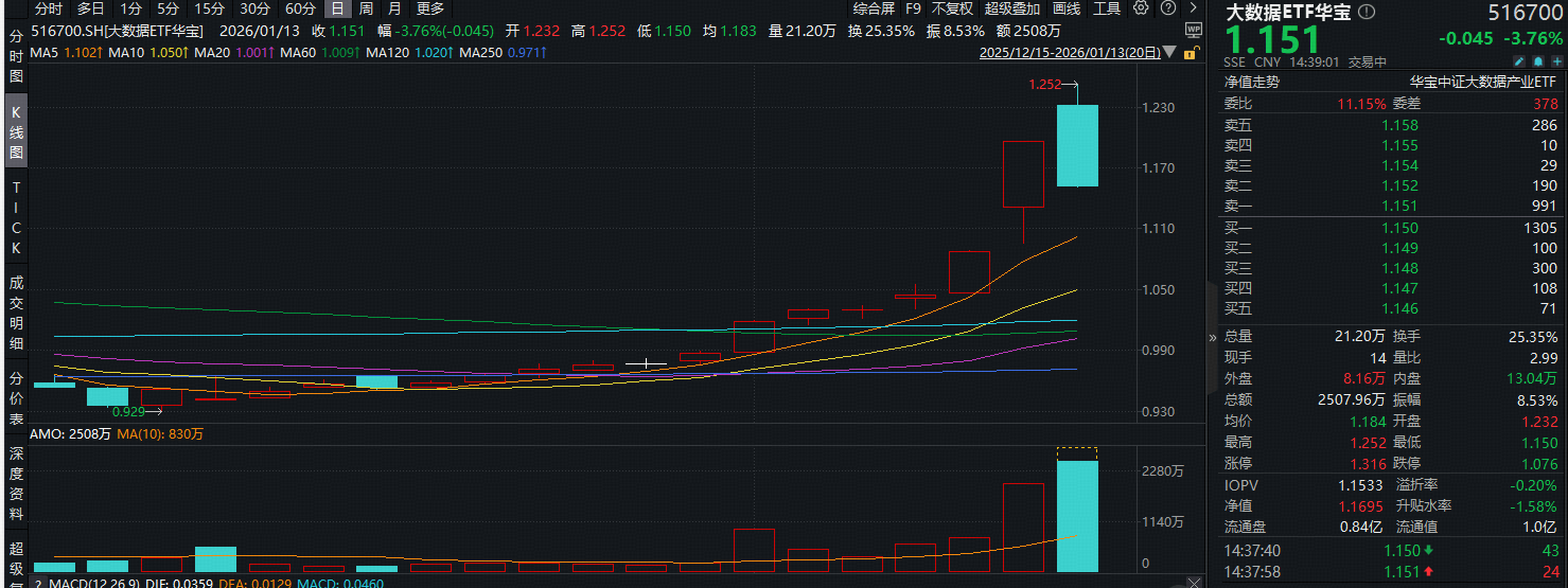 ETF盘中资讯|ETF涨停+12连阳后，首度回调！大数据ETF华宝（516700）单日吸金756万元！AIDC，AI时代的“新基建”！