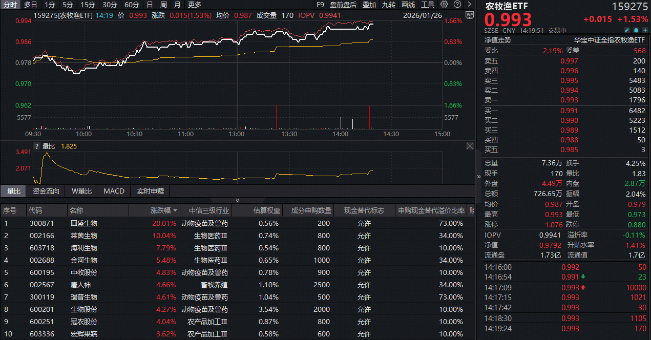 ETF盘中资讯|暴力反攻，回盛生物20CM涨停！农牧渔ETF（159275）盘中涨超1%连收三根均线！