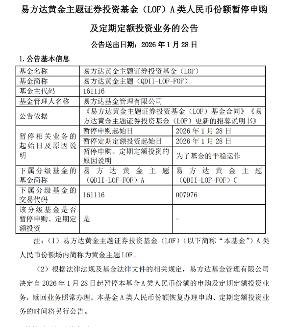 暂停申购！易方达黄金主题LOF紧急公告，两日内2只贵金属主题基金暂停申购，国投白银LOF已闭门谢客