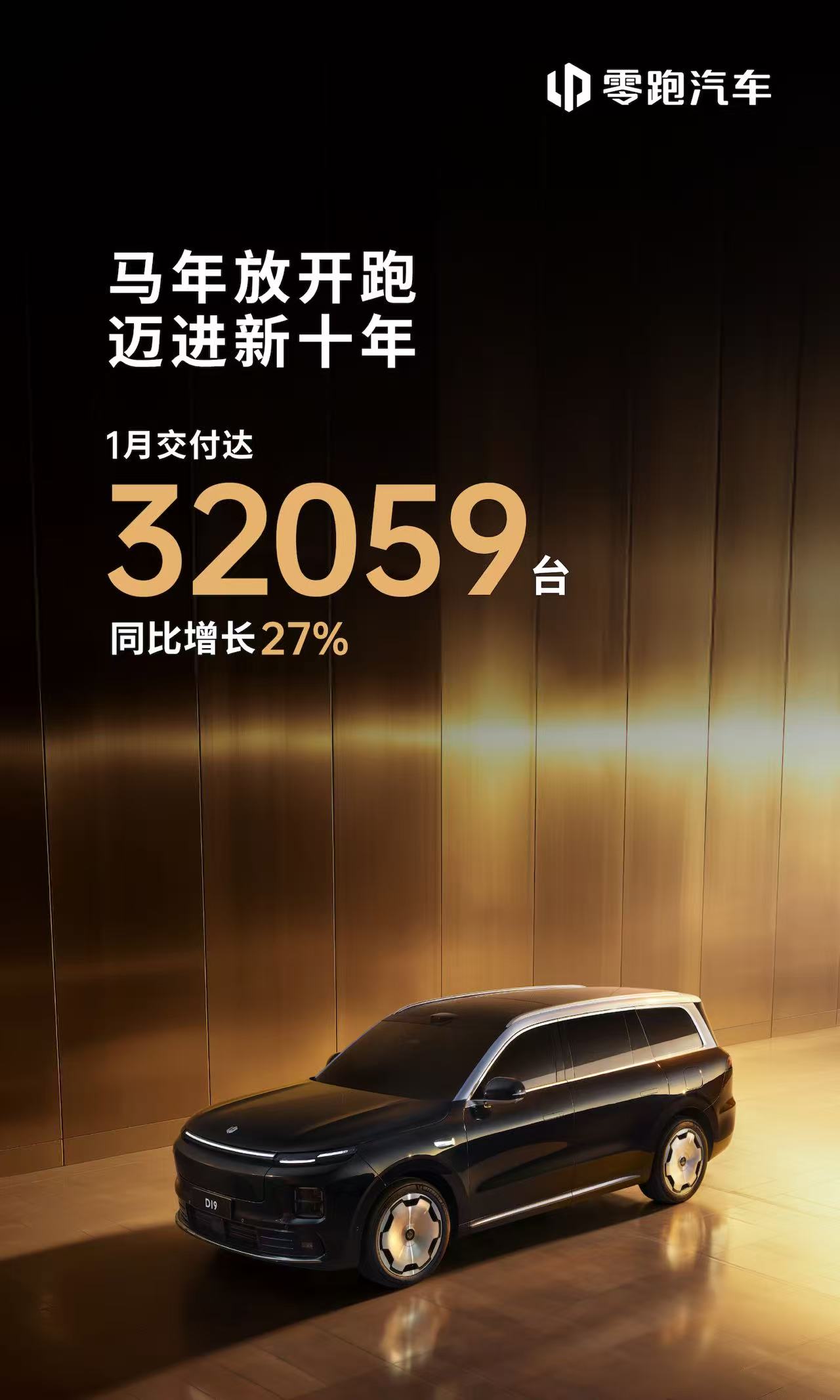 零跑汽车1月交付32059台，同比增长27%，取得“开门红”