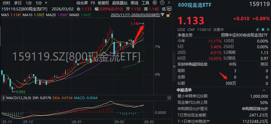 避险资金狂涌！低费率800现金流ETF(159119)放量大涨冲击5连阳，盘中创历史新高！