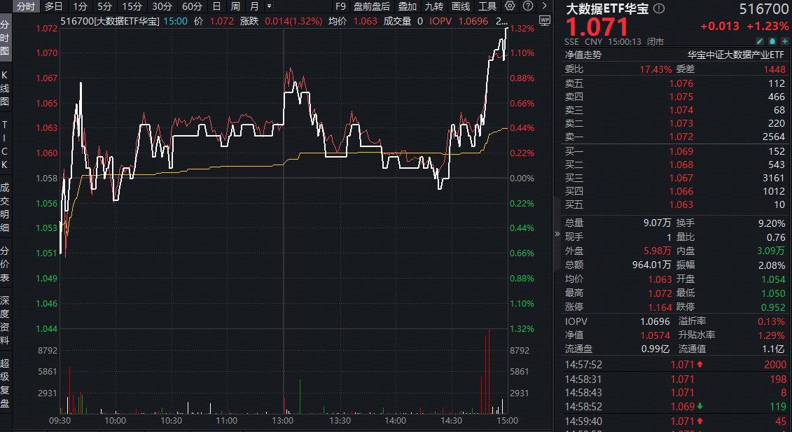 顶层政策定调！支持公共云发展！算力或迎“全链通胀”周期，华宝基金大数据ETF(516700)劲涨1.23%