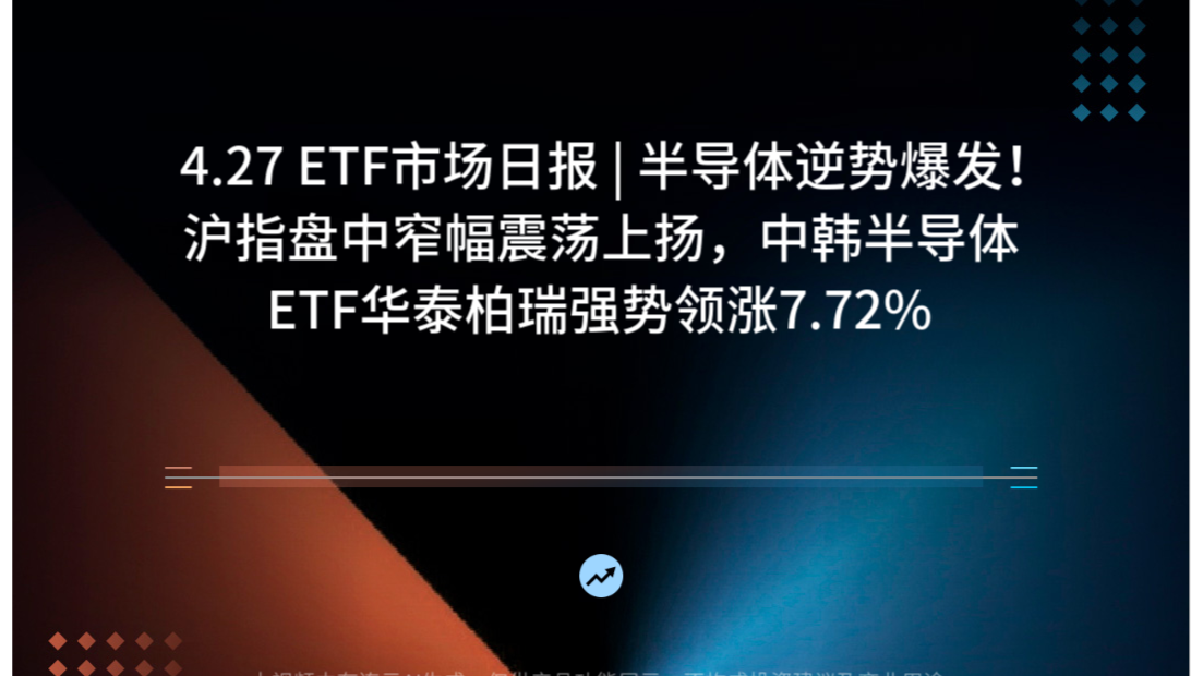 4.27 ETF市场日报 | 半导体逆势爆发！沪指盘中窄幅震荡上扬，中韩半导体ETF华泰柏瑞强势领涨7.72%