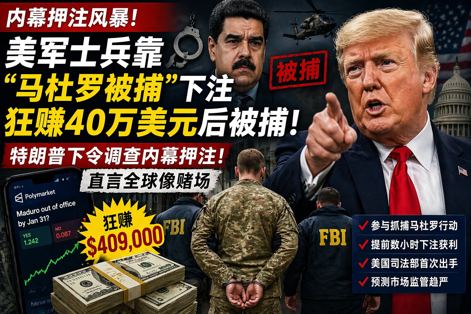 美军士兵押注“马杜罗被捕”暴赚40万美元后被捕！特朗普：世界变得有点像赌场